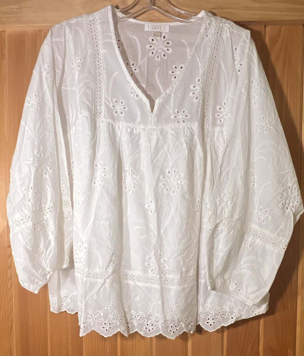 BKK Chance White Cotton Eyelet Embroidered V-Neck Long Sleeve Blouse Size L